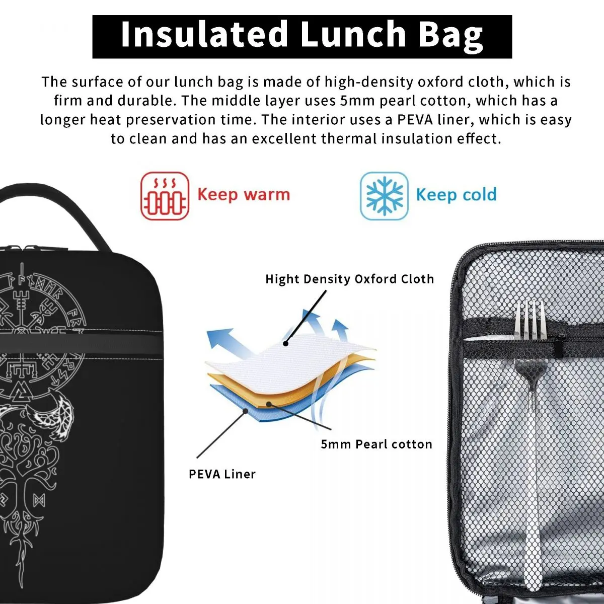 Retro Viking Symbol Compass Vegvisir Nordic Rune Celtic Insulated Lunch Bag Children Leakproof Food Boxes Thermal Lunch Box Tote