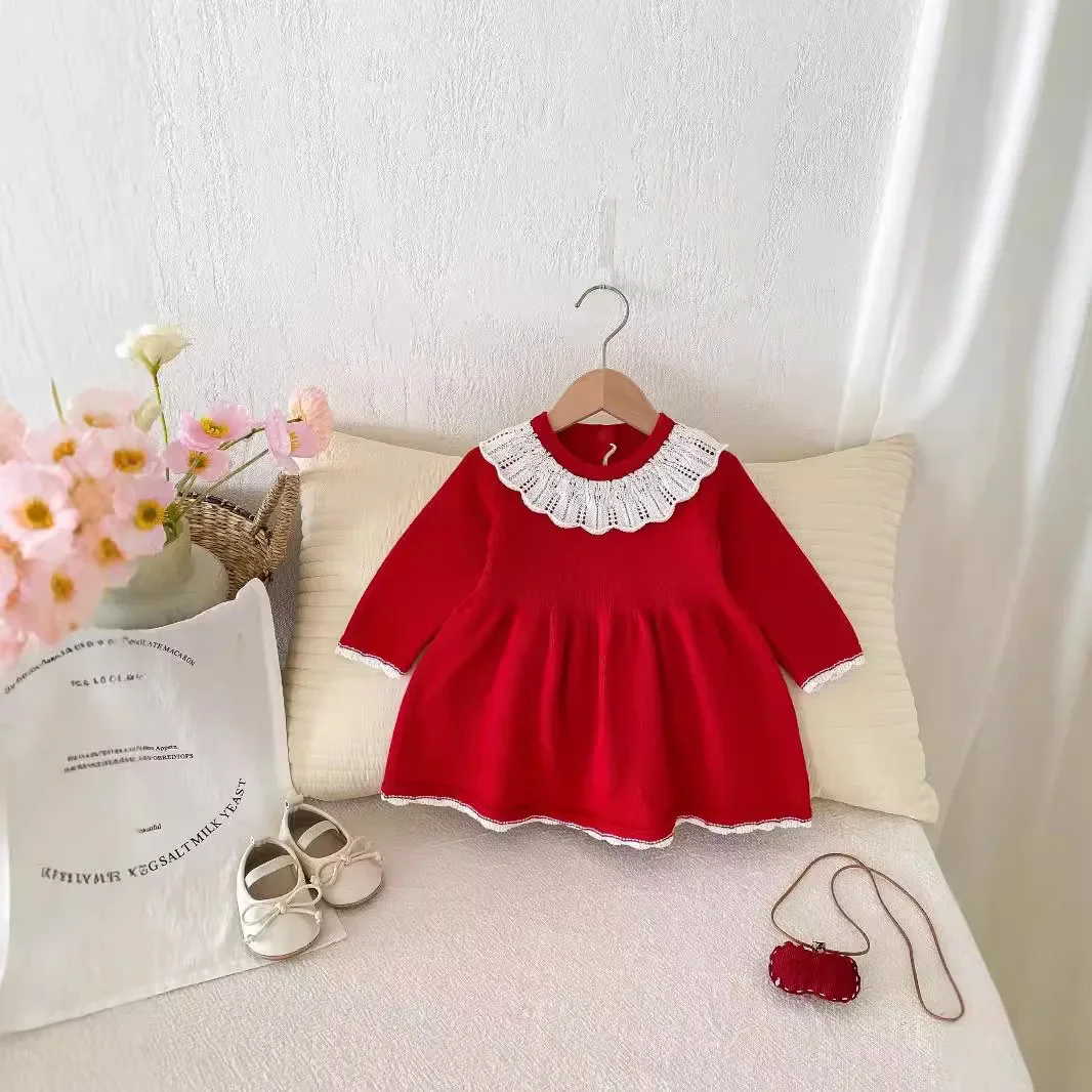 

2024 Winter New in Infant Baby Girls Cute Clothing Birthday Gift , Toddler Kids Knitted Ruffles Knee-length Dress 3M-4Y