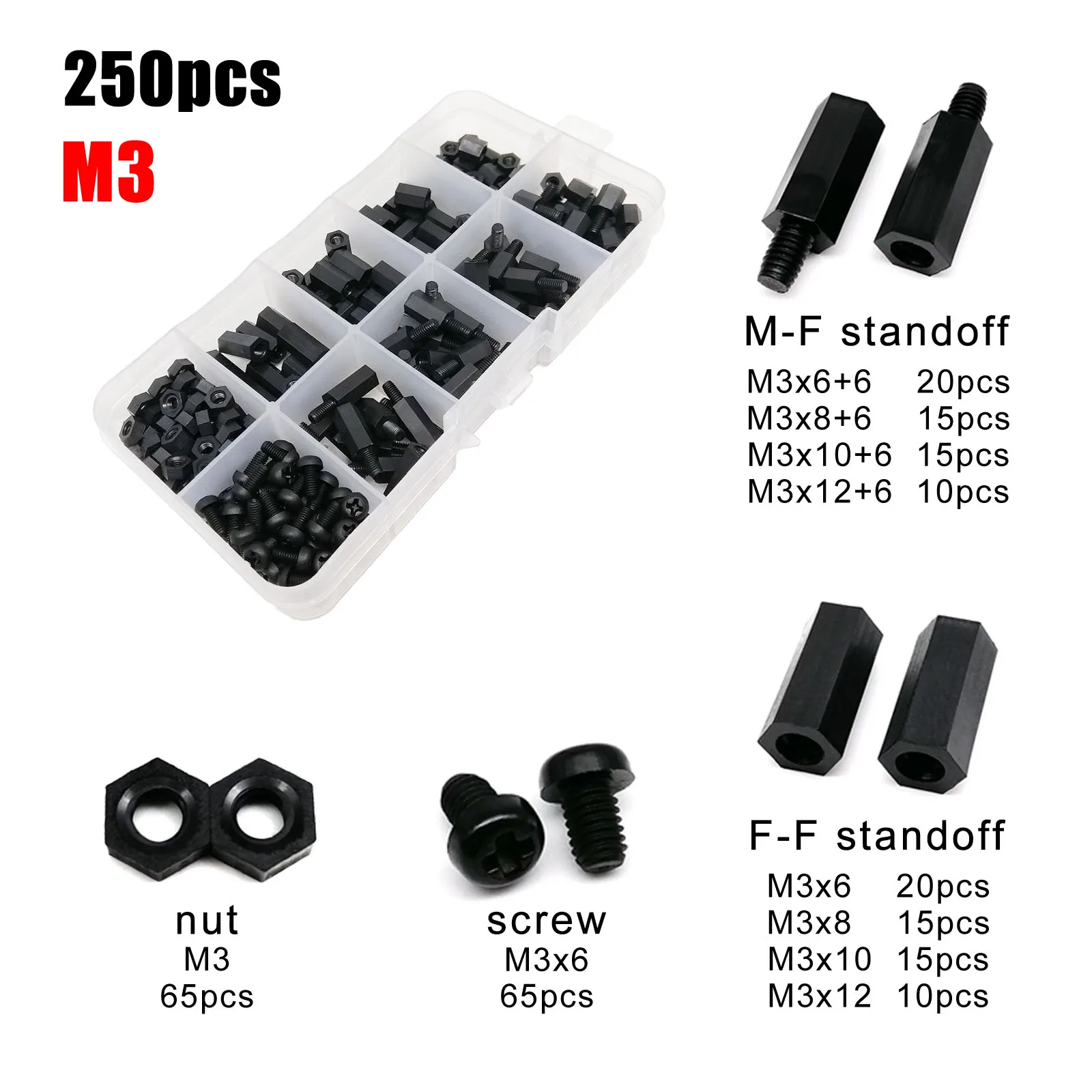 1 doos Plastic Nylon Hex Hexagon Spacer Kolom Standoff Schroef Moer Ring Kit Set voor PCB Moederbord M2 M2.5 M3 M4 Zwart Wit