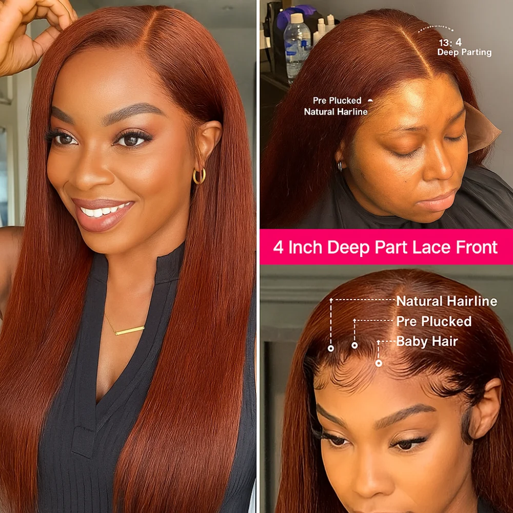 180密度4x4ブラジリアンヘアクロージャーウィッグ赤褐色縮れストレート人毛ウィッグ13x4レースフロント赤褐色ウィッグ女性用