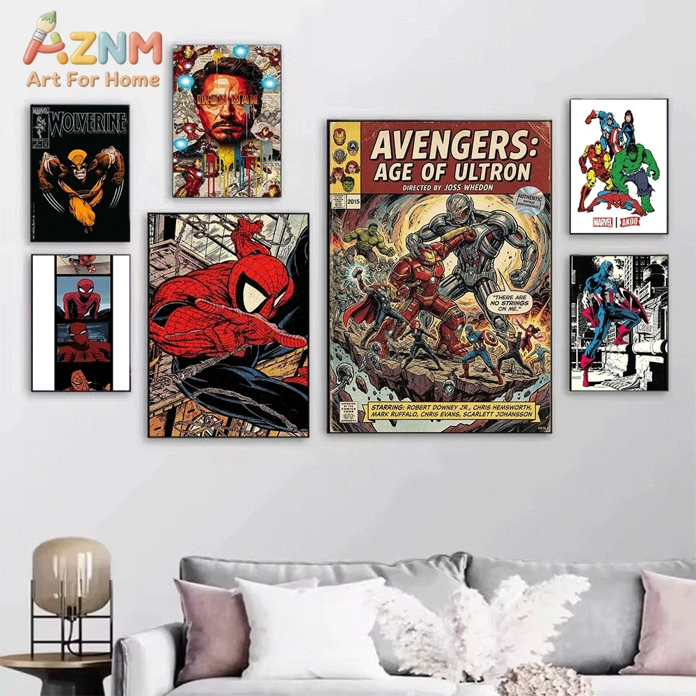 AZNM Iron Man Dynamic Flying Splash‑Ink Canvas Wall Print, Superhero Classic Vintage Comic Book Pop Graphic Art Poster, Unfram