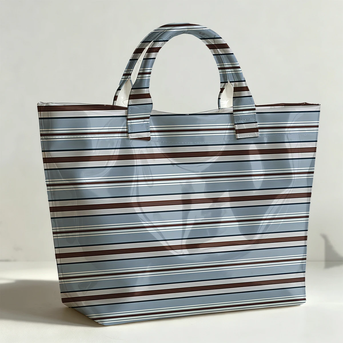 Blue & Brown Vertical Stripes PVC Tote Bag Waterproof Transparent Jelly Bag Beach Bag Tote Pouch Bow Handbags Storage Bag