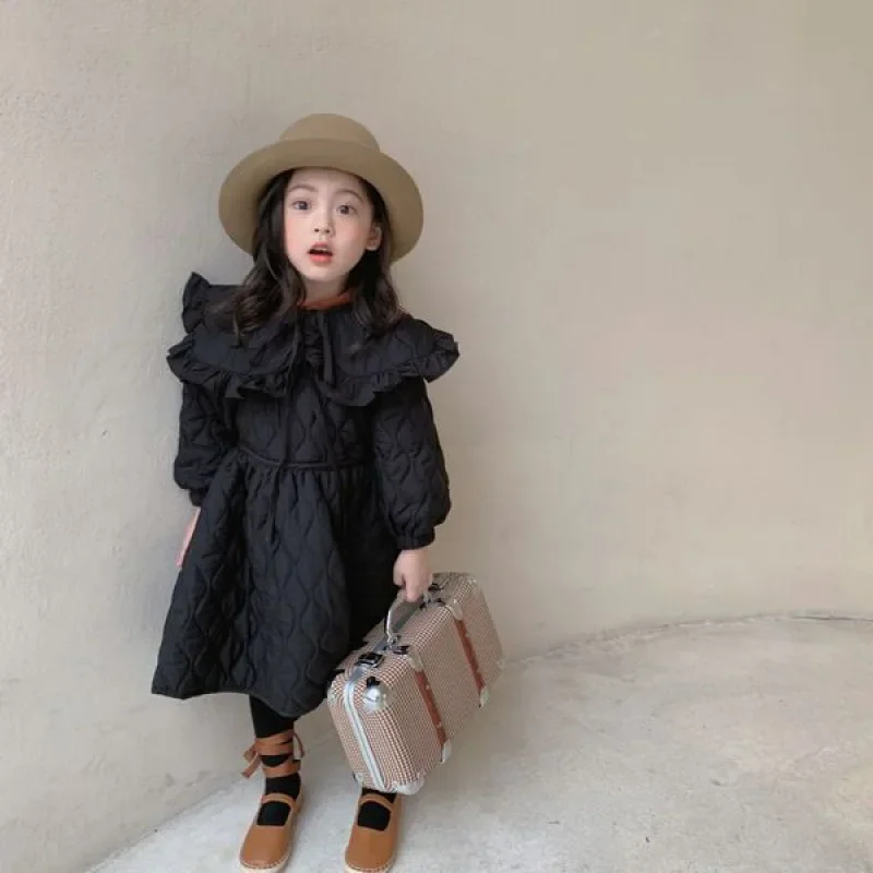 

Girls Casual Dresses Knee High Solid A Line Skirt Winter New Thickened Plush Large Polo Collar Cotton Children Princess