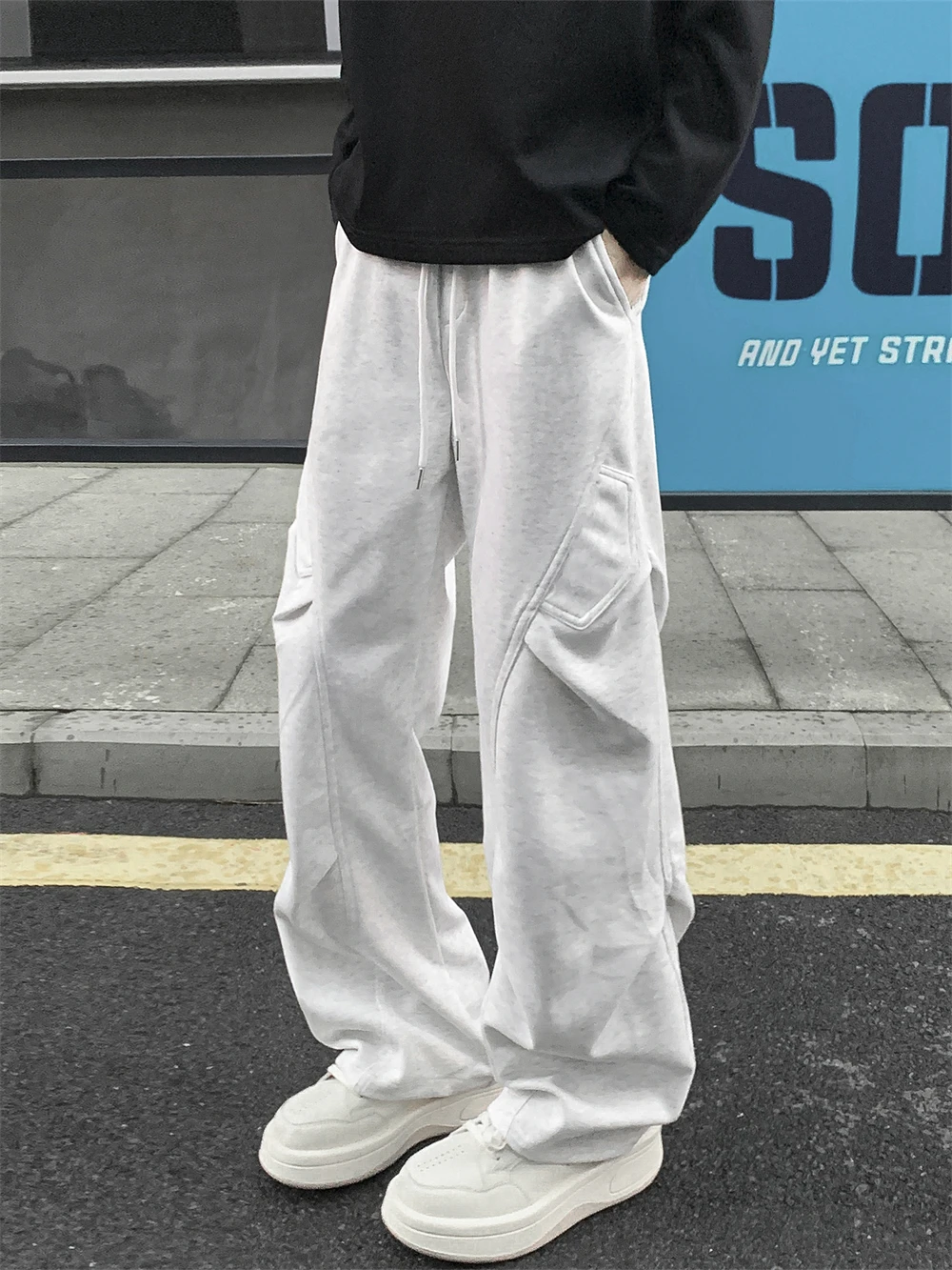 American Style Heavy Duty Deconstructed Workwear Sweatpants Men's Autumn Design Sense Patchwork Pleated Trendy Sport Casual L...
