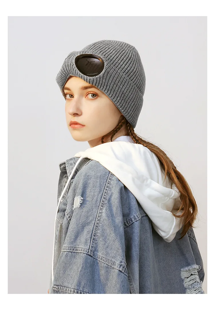 Panama Caps Strickmütze aus Wolle für Herren und Damen, Studenten-Kältemütze, Pilotenbrille, Plüschmütze, modische Outdoor-Wärmemütze H148 – Detail 7