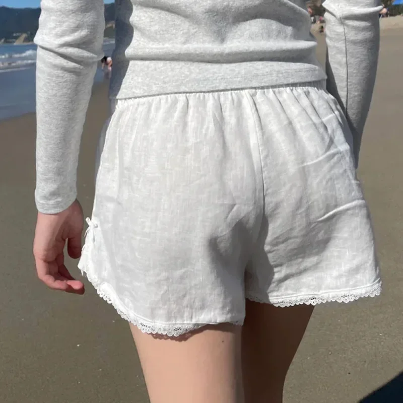 Sommerkleidung 2024 Hohe Taille Weiß Kawaii Süße Skort Shorts Spitzenbesatz Baumwollshorts für Frauen Mädchen 2000er Jahre Y2K Jugendliche Shorts