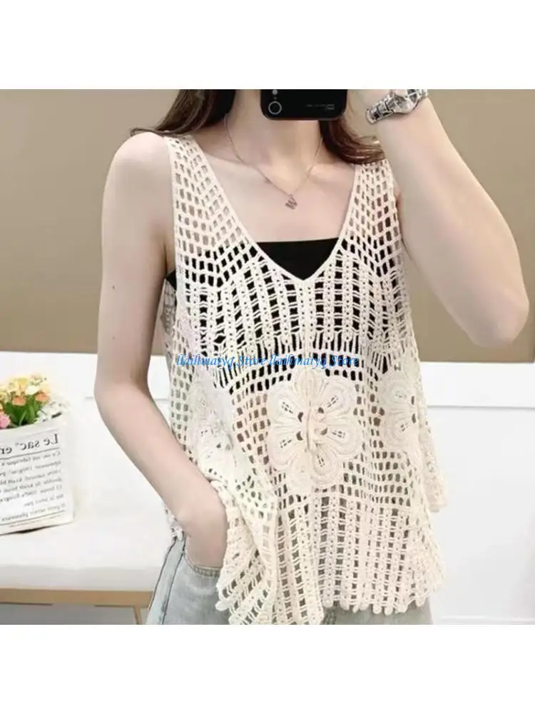 

573B Women Summer Crochet Sleeveless for Tank Top V-Neck Backless Hollow Out Knit Floral Vest Shirts Casual Loose Beach Cover