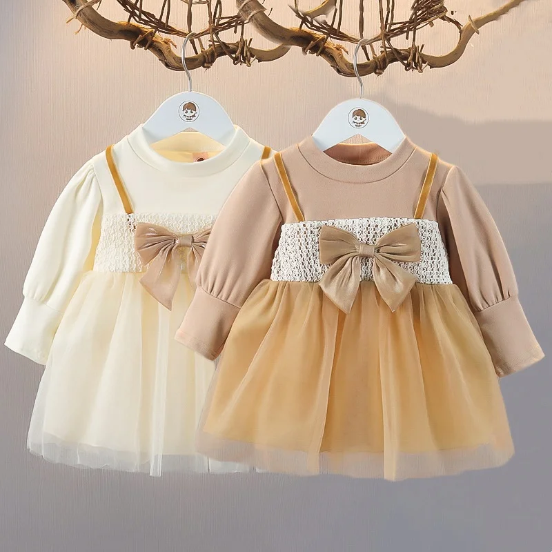 Elegant Baby Girl's Dress Spring Autumn Long Sleeved Princess Style Birthday Party Clothes Sweet Big Bow Lace Children's Dress