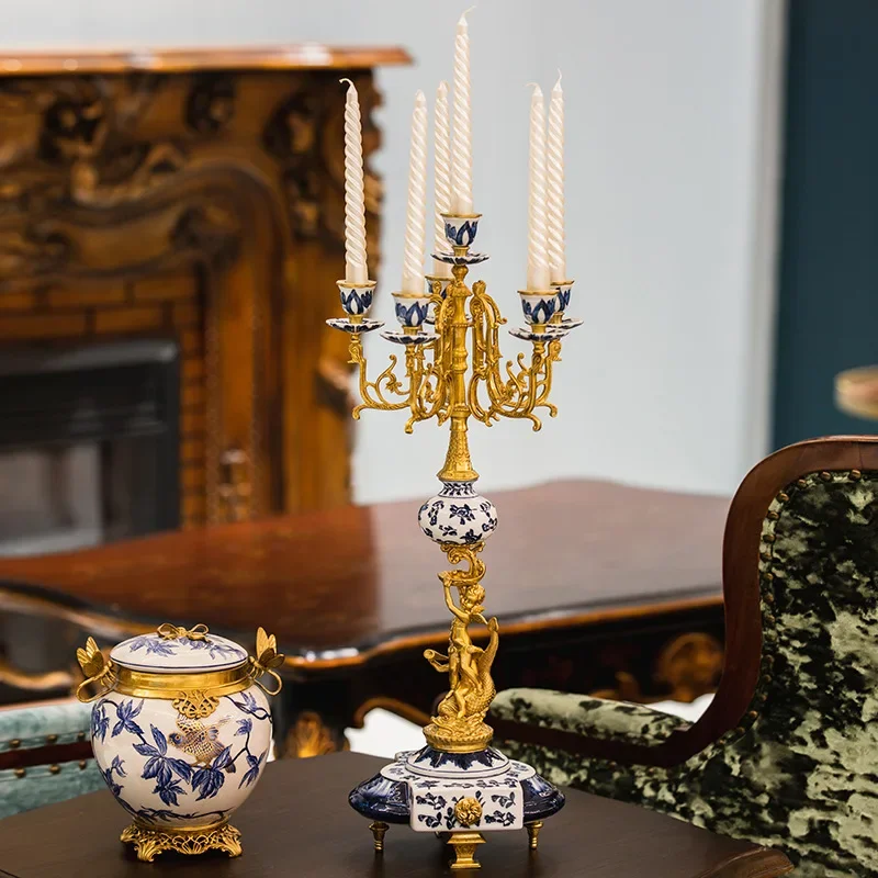 European luxury retro multi-head candlestick French classical romantic candlelight side cabinet ornament table decoration copper