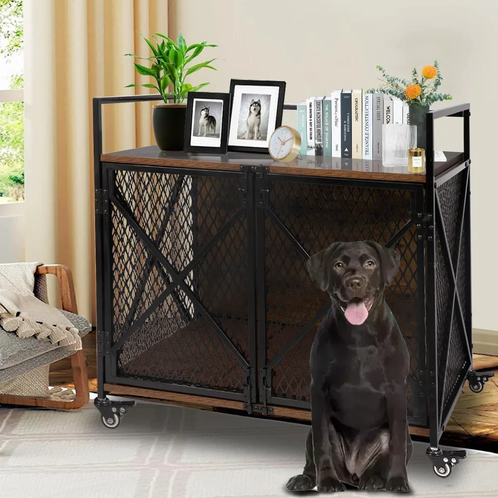 

41" L Heavy Duty Dog Crate Furniture with Cushion, Wood Indoor Dog Crate Kennel End Table Indoor Double Door Kennel with Lockabl