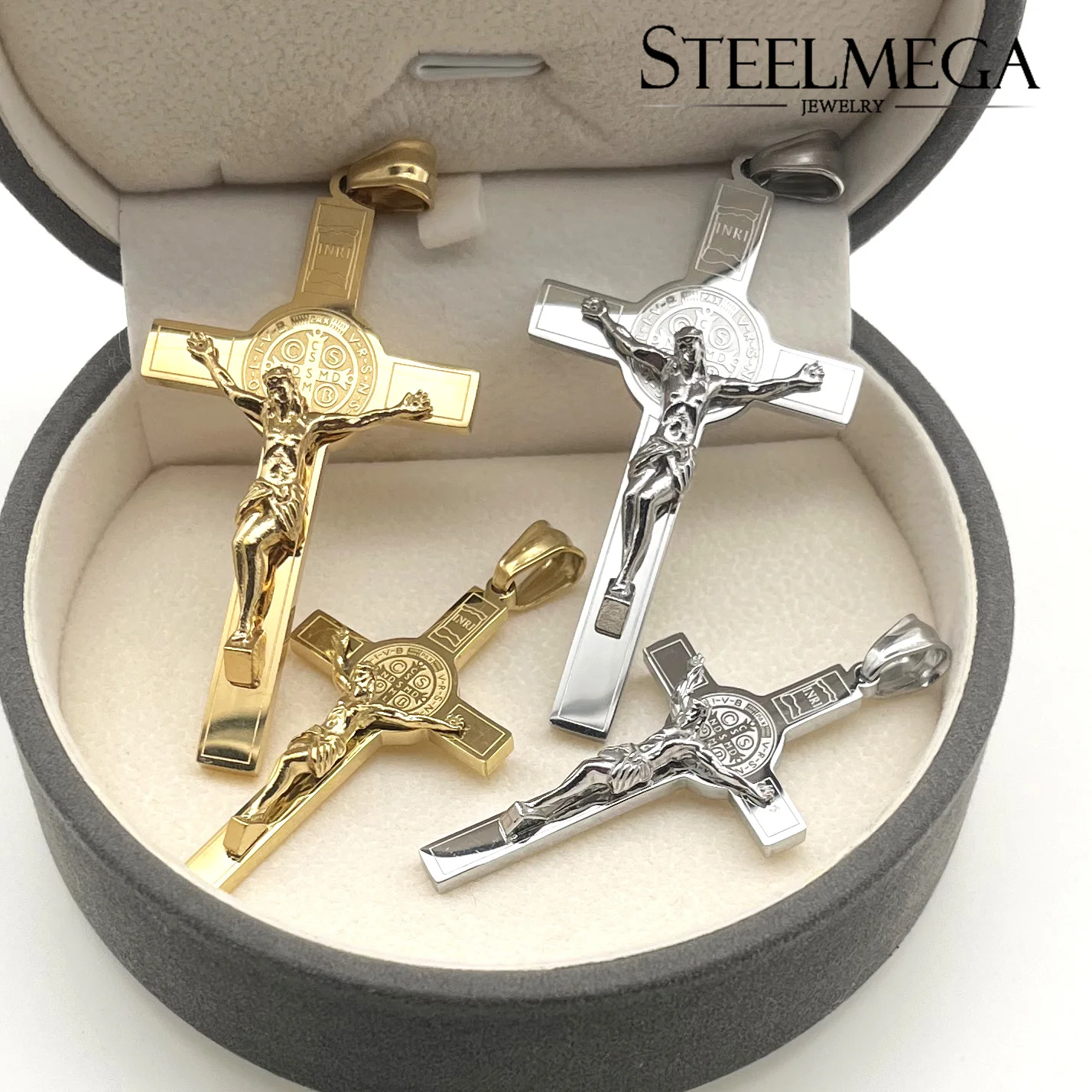 STEELMEGA Stainless Steel Catholic Pendant of Crucifix with Saint Benedict Medal