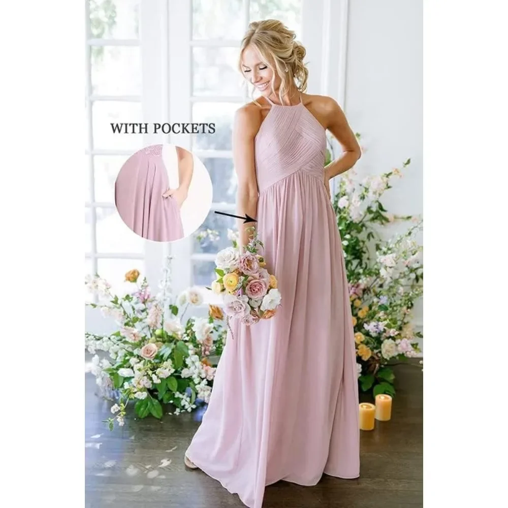 Wakuta Long Halter Pleated Chiffon Bridesmaid Dresses with Pockets A Line Wedding Party Dresses Evening Gowns robes de soirée