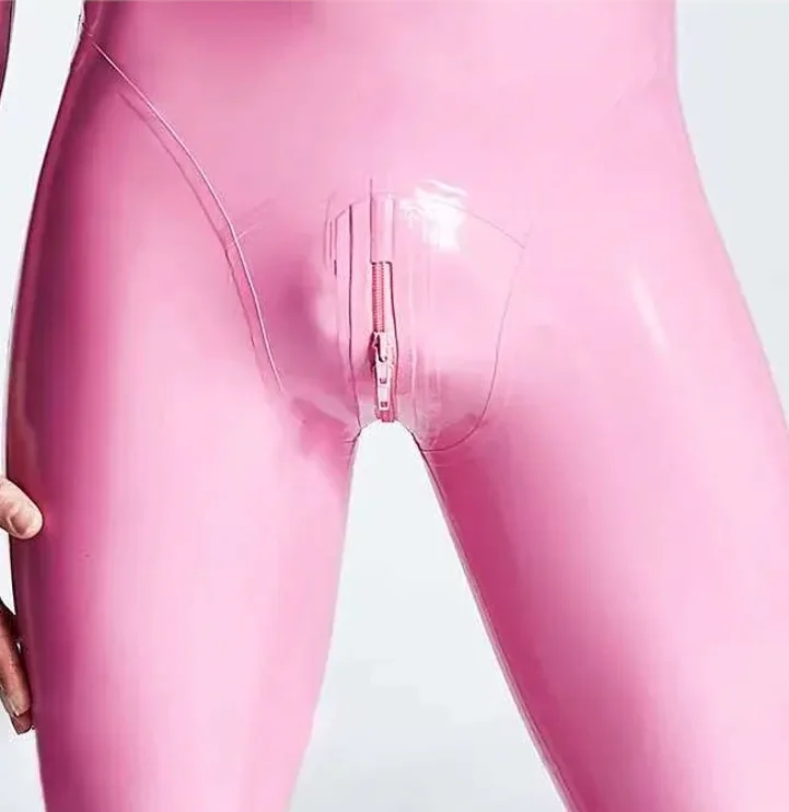 

Pink Bodysuit Handmade Men's Latex Muscle Leotard Gummi Latex 3D Crotch Neck Entry Catsuit Crotch Zip Halloween Cosplay Jumpsuit