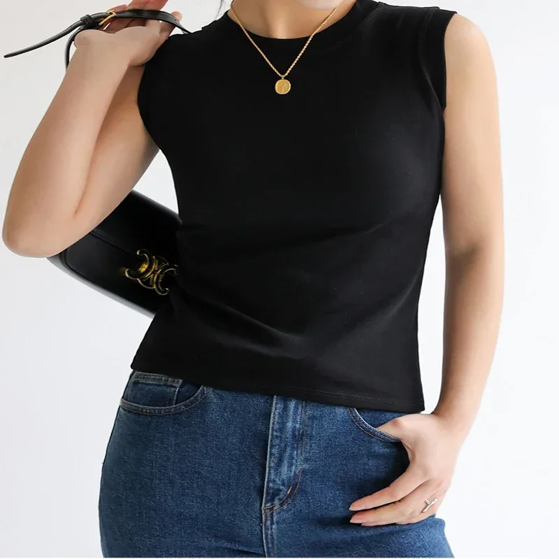 ITOOLIN Canotta da donna nuova senza maniche o-collo basic in maglia canotta in cotone solido elastico casual crop top comode canottiere sportive