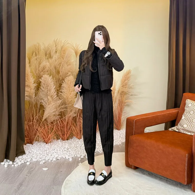 Miyake Fold 2025 Autumn/Winter New Fold Cotton Jacket Women's Short Zipper Cardigan Fashion Casual Women's Long Sleeve Coat