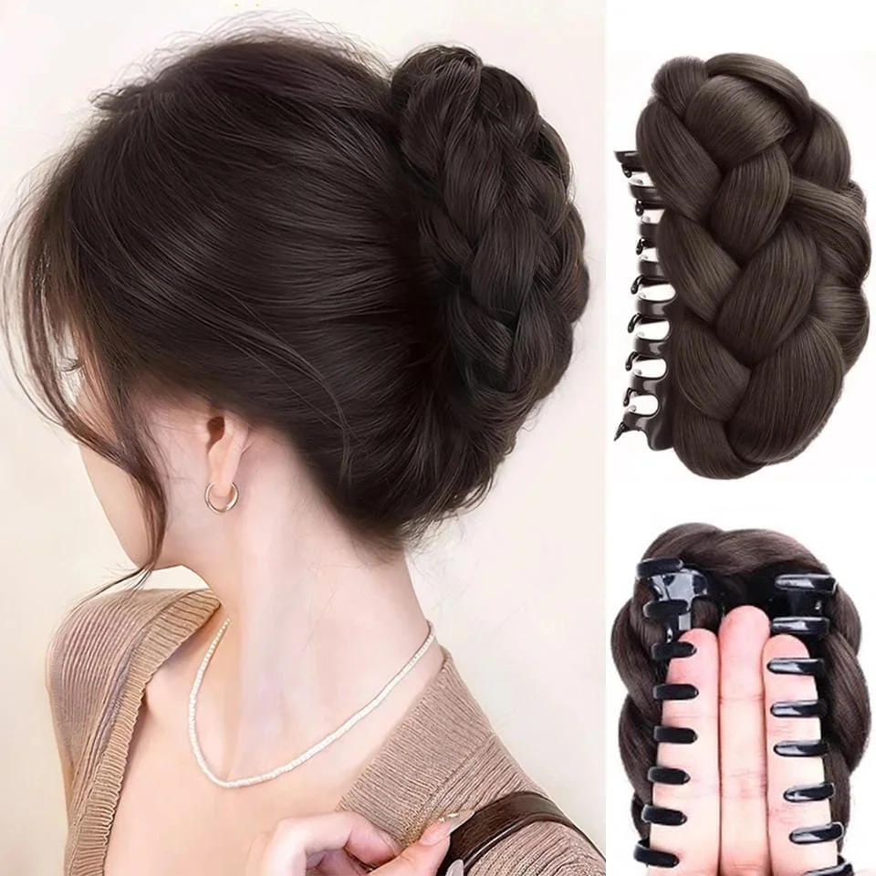 LUPU Synthetic Fried Dough Twists Ball Hair Bun Claw Clip Flower Bud Head Fluffy Dished Hair Back Head Wig Bag for Women