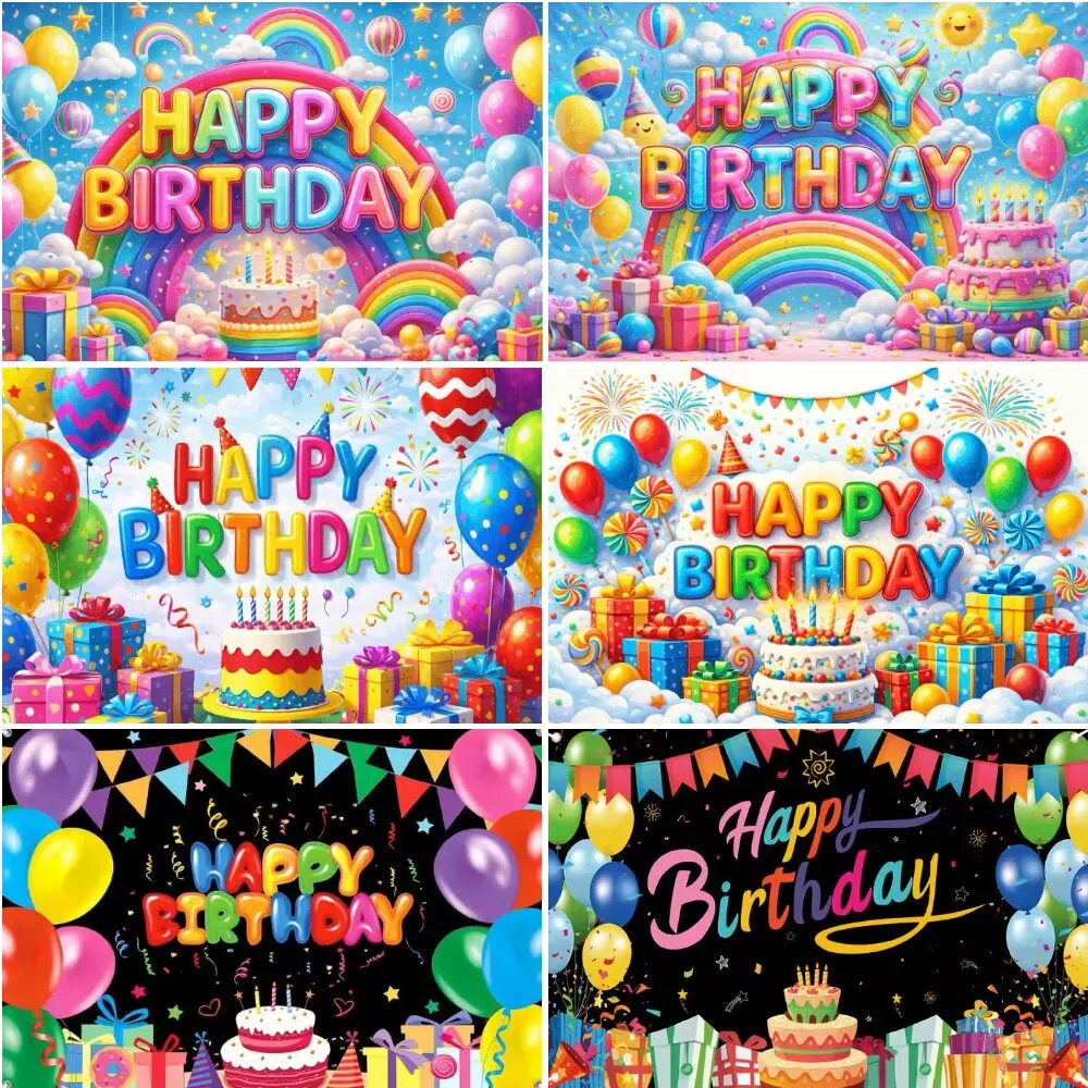 

Vibrant Rainbow Balloon Happy Birthday Backdrop Colorful Birthday Party Decor Photo Booth Background Banner for Kids Boys Girls