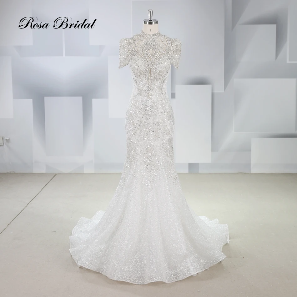

Hot Short Sleeve Detachable Collar Lace Mermaid Wedding Dress