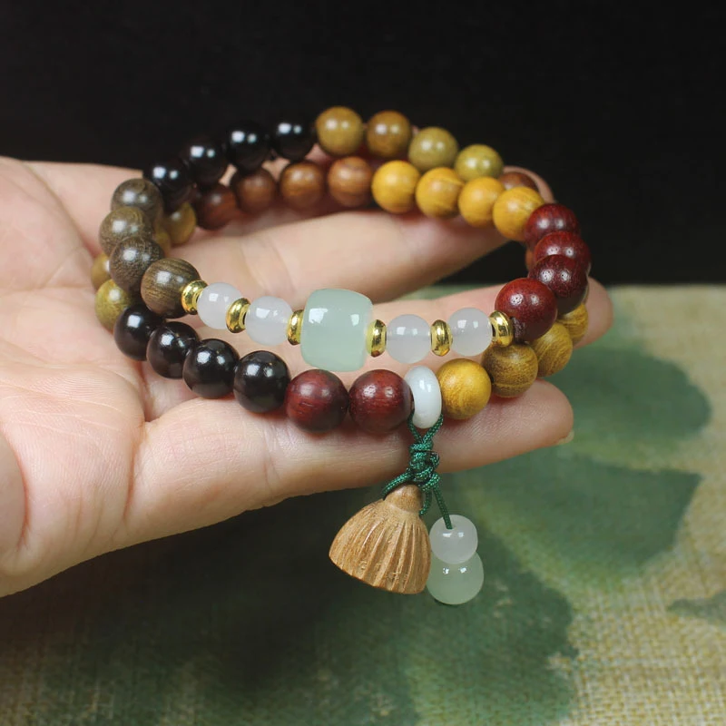 

- 0.8 double-loop bracelet with lotus pendant, black and green sandalwood multi-bead prayer beads