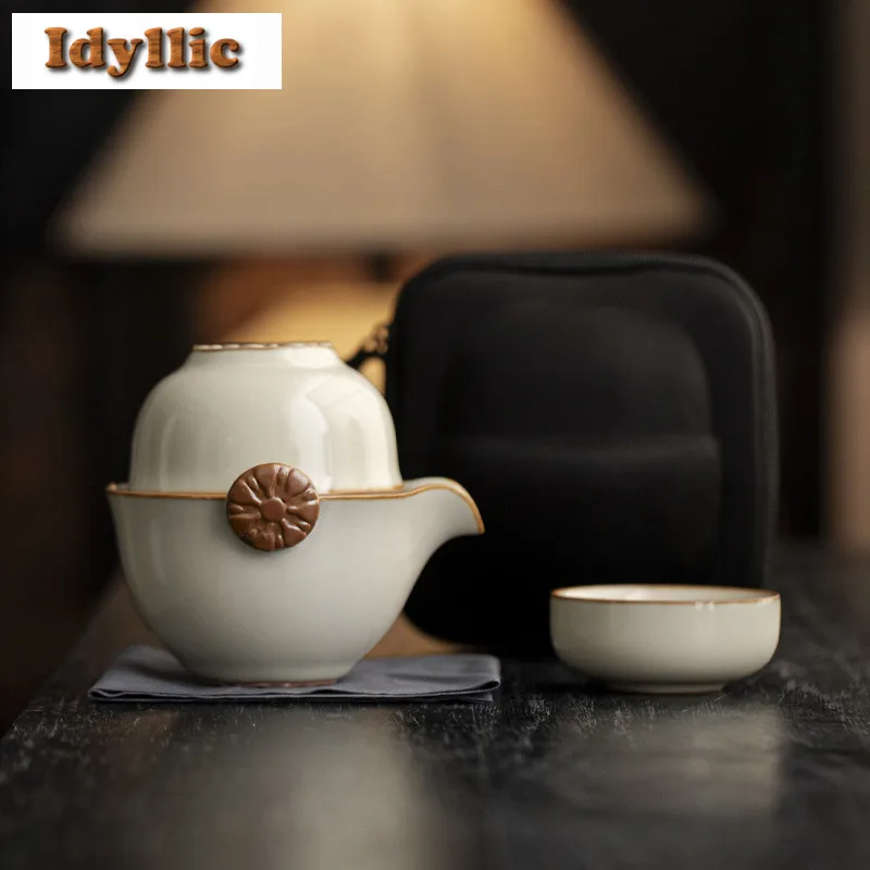 

Ru Kiln Рисовый желтый дорожный чайный сервиз, креативный 1 горшок, 2 чашки, бытовой чайник, органайзер, портативная сумка для кемпинга, украшения