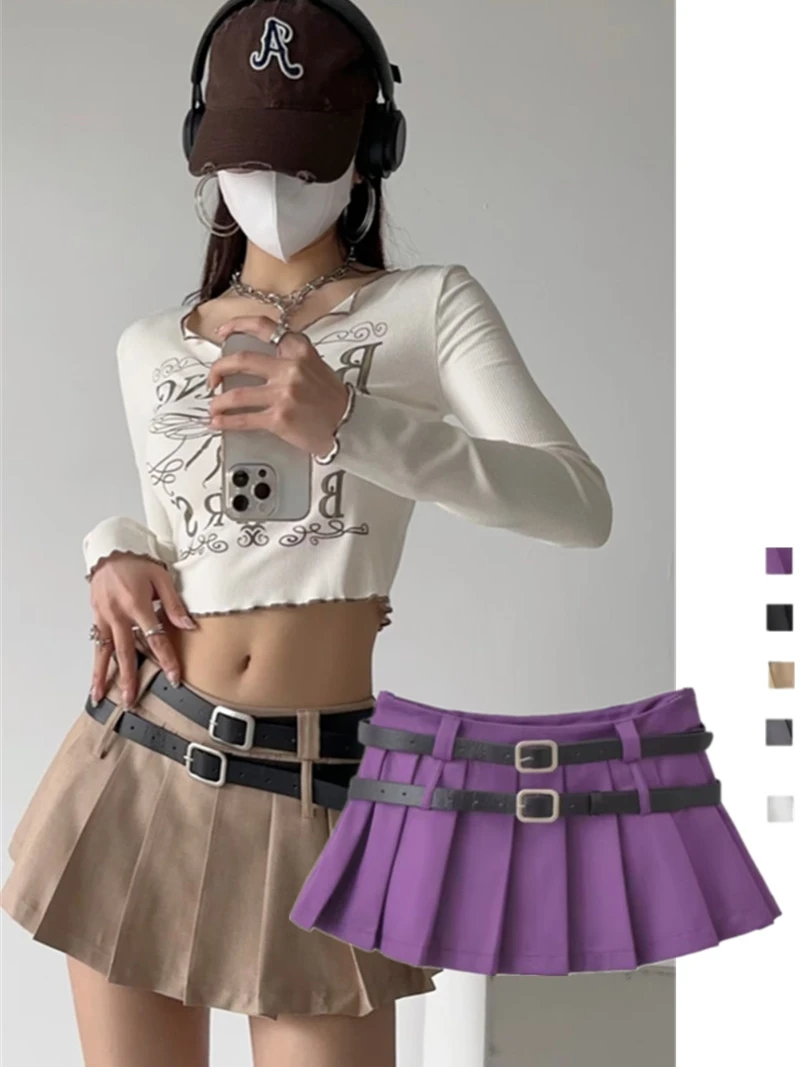 

Сексуальная плиссированная юбка с низкой талией и двойными ремнями, противолегкая модная уличная цветная юбка трапециевидной формы для ходьбы