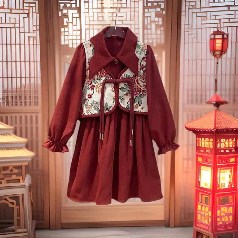 

Girls Chinese Style Dress2025New Autumn and Winter College Style Fake Two-piece Set for Girls, Vintage Solid Color Parent-Child