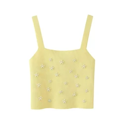 Willshela Women Fashion With Beading Yellow Backless Knitted Tops Vintage Straps Square Collar Female Chic Lady Crop Top