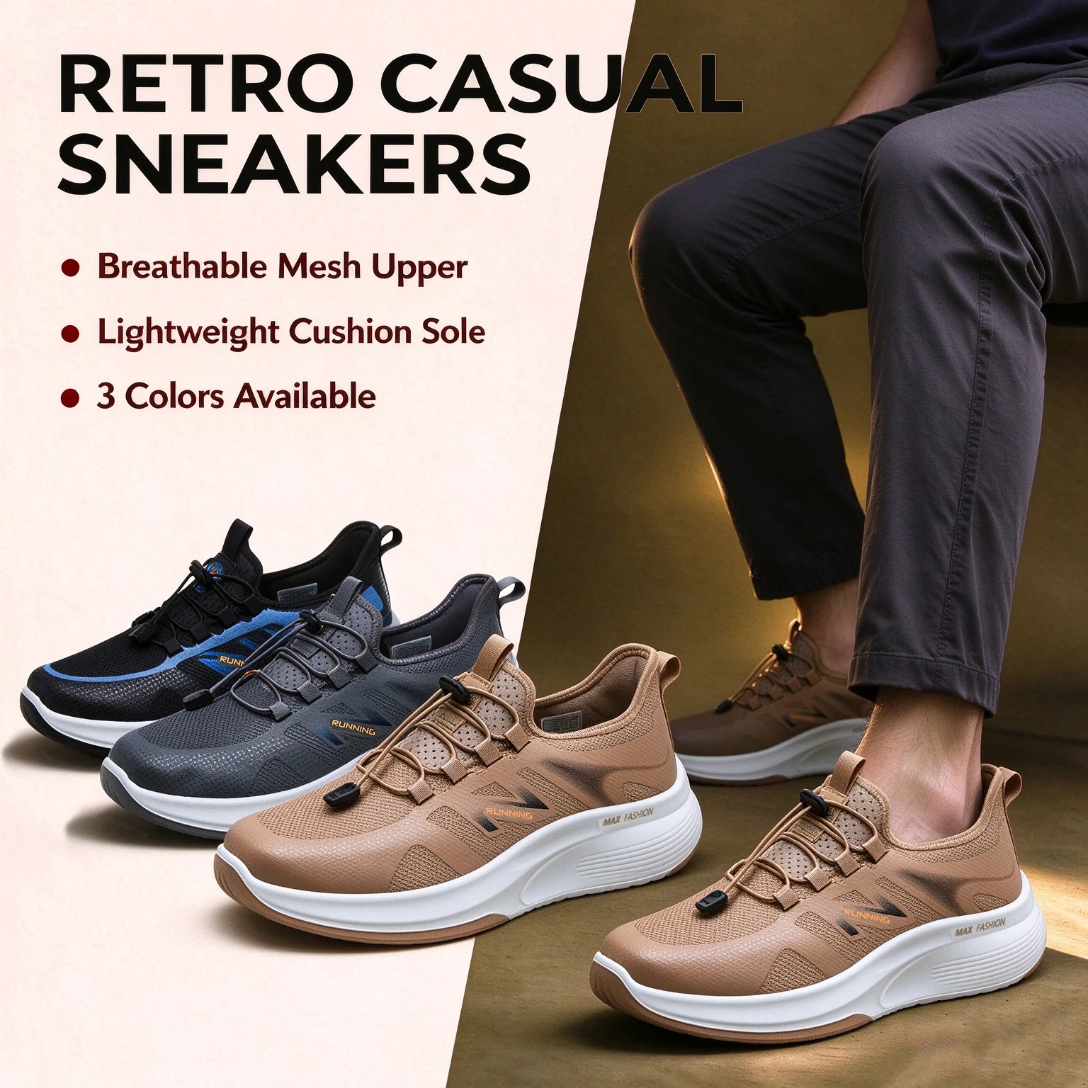Men's Casual Low‑Top Sneakers, Cushioned Walking Shoes, Non‑Slip Breathable Mesh Shoes for Morning Jogging and Daily Strolling