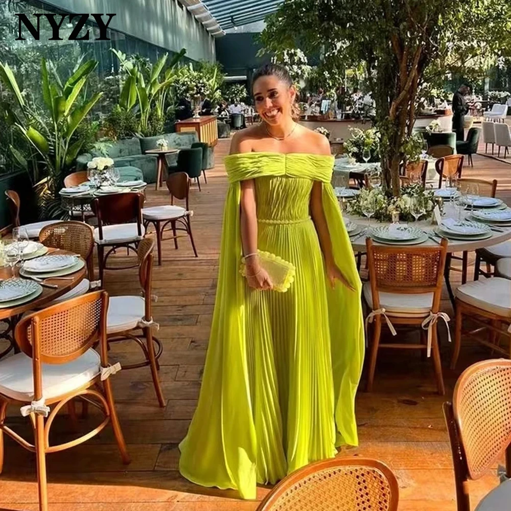 

NYZY E462 Customized 2025 Cloak Cape Long Sleeves Evening Dresses Chiffon Pleats Party Prom Gowns Yellow Green