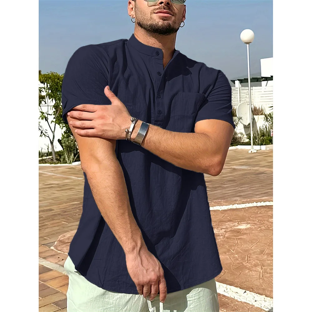 Sommer Heißer Verkauf männer T-shirt Baumwolle Leinen Henley Neck Casual Atmungsaktive Leichte Einfarbig Tasche Taste Tops – Detail 13
