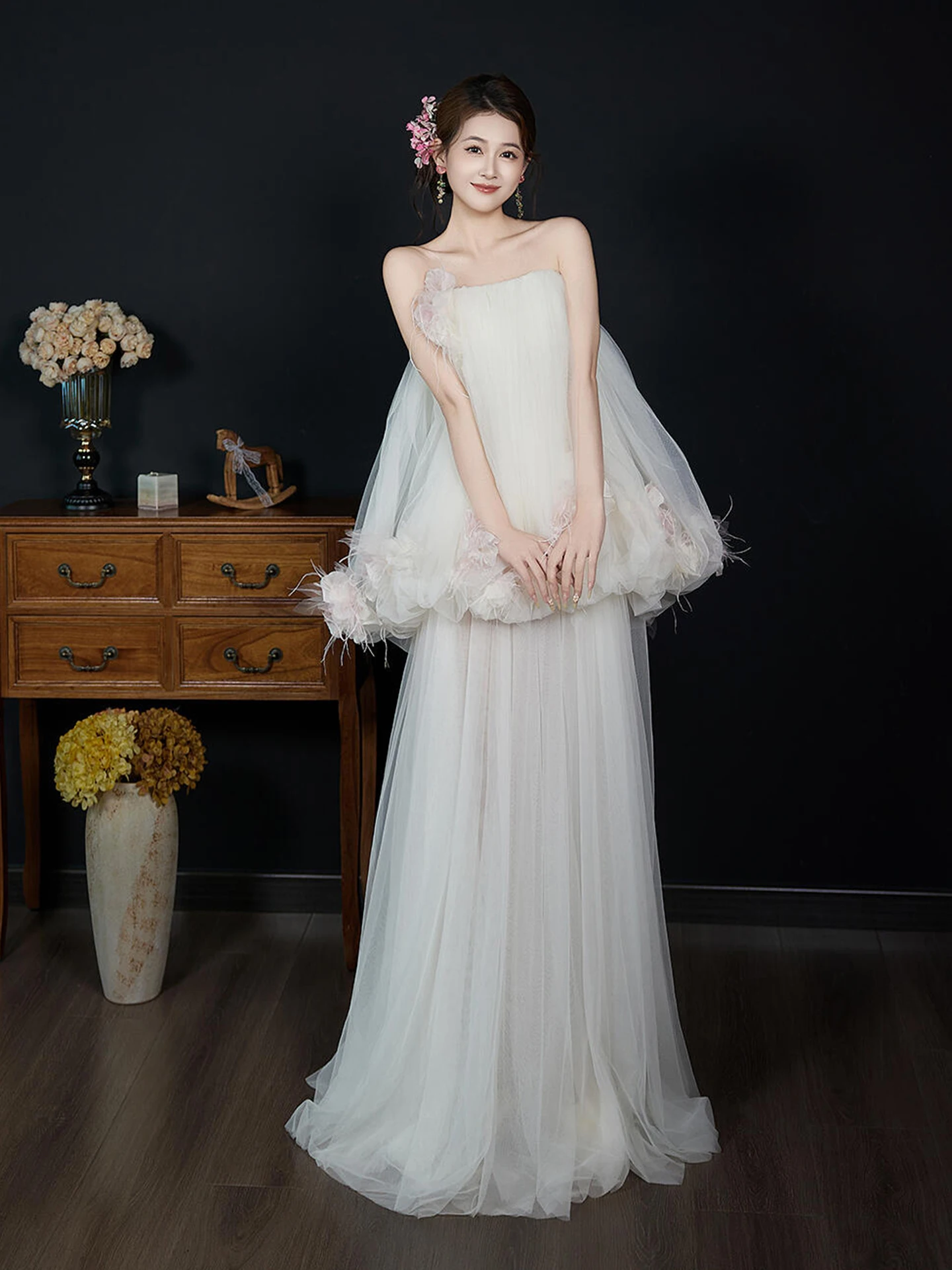 Fee-avondjurk Strapless baljurk Galajurk Feestjurk met veters aan de achterkant Roze appliqué