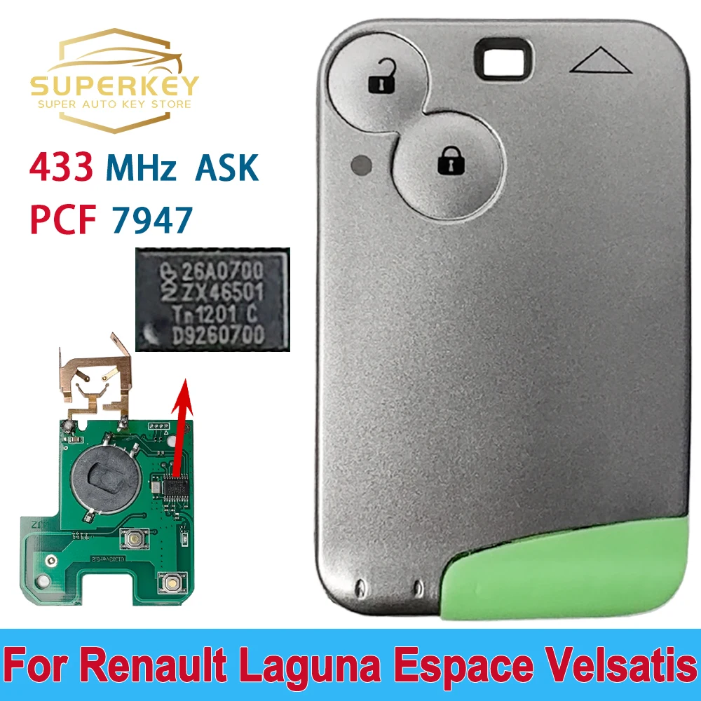 

SUPERKEY Ultrasonic welding Smart Remote Key Card Key PCF7947 433Mhz ASK 2 Buttons For 2001-2009 Renault Laguna Espace Velsatis