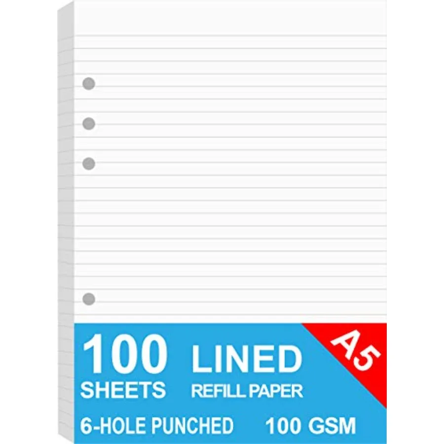 

A5 Lined Paper, Refills for Filofax Planner, Organizer, Binders, 6 Hole Punched, /200 Pages, 100gsm, White, 5.8 x 8.2 Inch