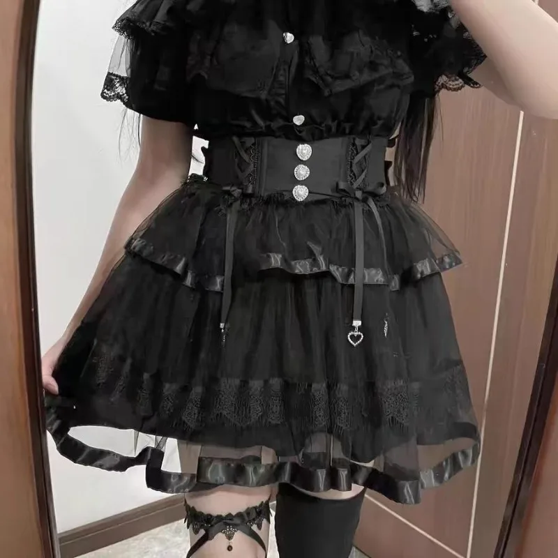

Bow Lace Up High Waist Black Cake Skirts Summer Mesh Fish Bone Ballet Skirt for Women 2025 New All-match Dark Style Faldas Mujer