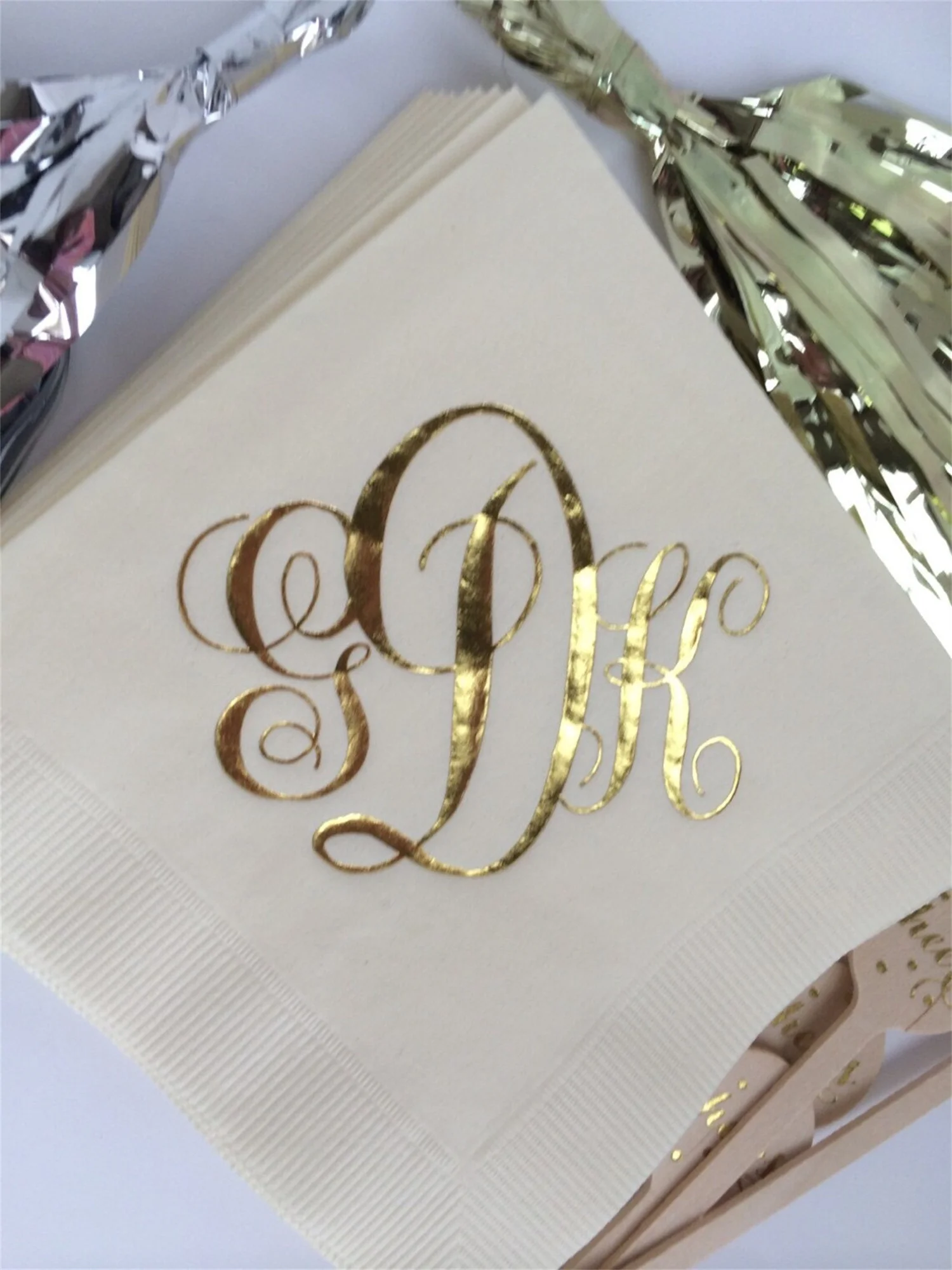 50 PCS Personalized Wedding Napkins Personalized Elegant Classic Monogram Wedding Napkins Custom Metallic Gold Foil Print LOTS o