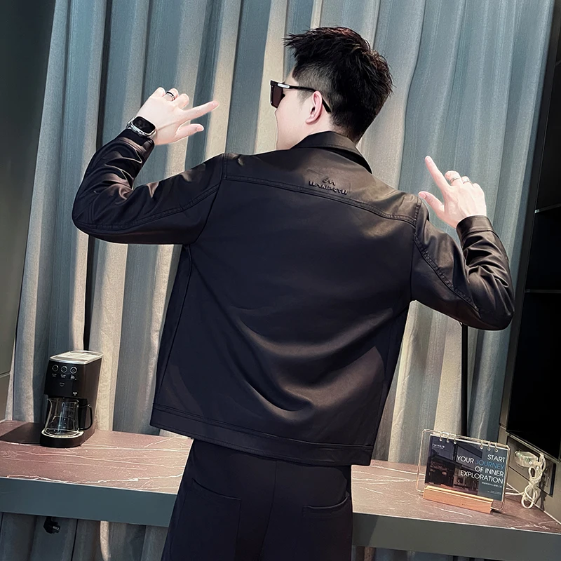 

Slim Fit Men's Quilted PU Leather Jaet Faionable Busin Sle ort Motorcycle Coat Small Size Autumn Winter Coat