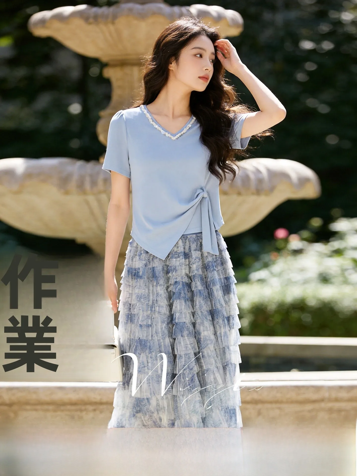 

plus Size Spring Summer Outfit Women's Short Sleeve V-Neck Irregular Cake Skirt Fashionable Slimming Ensemble High Waist A-Line