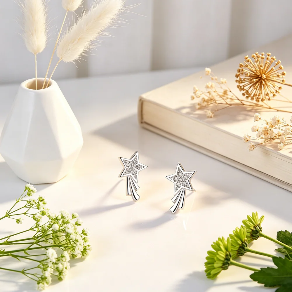Unique Design Fashion Crystal Star Stud Earrings For Girls Lady Women 925 Sterling Silver Statement Earrings Wholesale