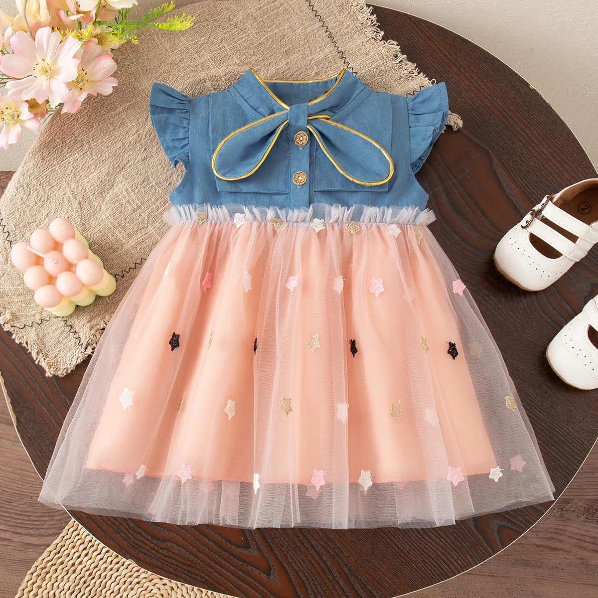 OOTD for Baby Girl Summer Fashion Lovely Star Pink Sweet Casual Denim Spliced Toddler Fairy Dress