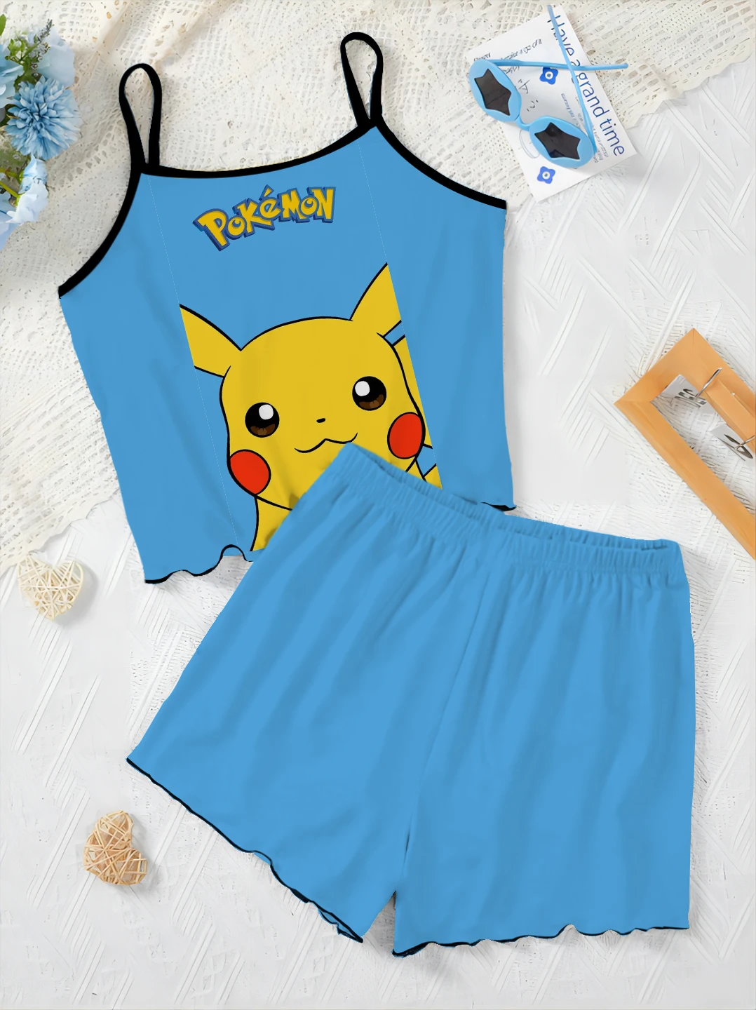 Short Sets for Women 2 Pieces Lettuce Trim Top Pokémon Slip Dress Women's Suit Pikachu Pajama Skirt Elegant Home Dress T-shirt