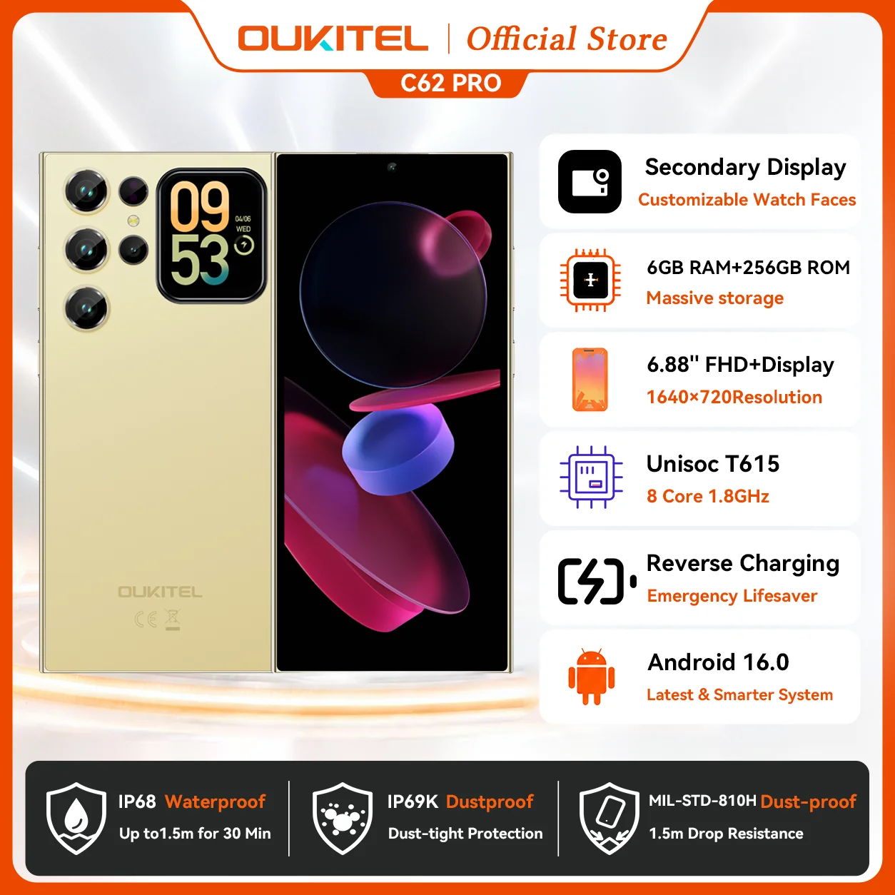 OUKITEL C62 Pro Smartphone Android 15, 6.88" HD+ Display Unisoc T615 Cell Phone, 24GB (6+18) + 256GB, 5150mAh Battery NFC Mobile