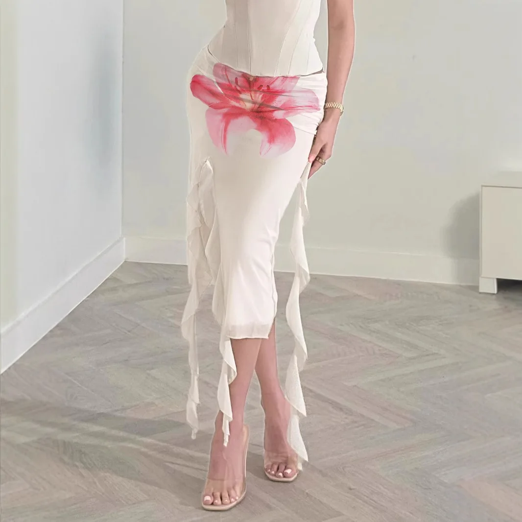 

Zeyla Beach Vacation Mesh Skirt 2025 Summer High Slit Flowy Ruffle Wrap Skirt Sexy Bodycon Midi Skirt Women's Resort