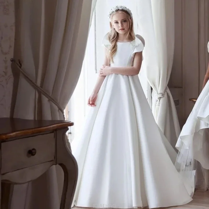Girls White Evening Dress Long Train Sleeveless Ball Gown Kids Pageant Birthday Party Piano Recital Fashion Show Outfit Dresses