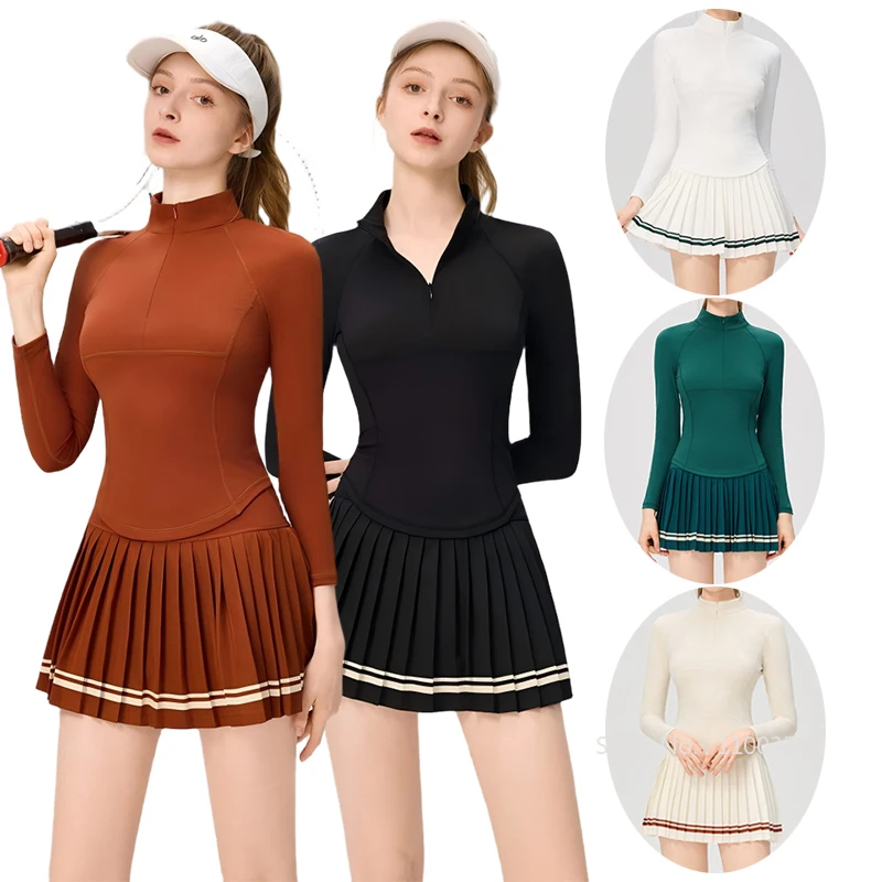 Women Long Sleeve Yoga Tennis Shirts Zipper Collar Workout Athletic Tops Ladies Slim Pleated Tennis Skirt Gym Short Skorts