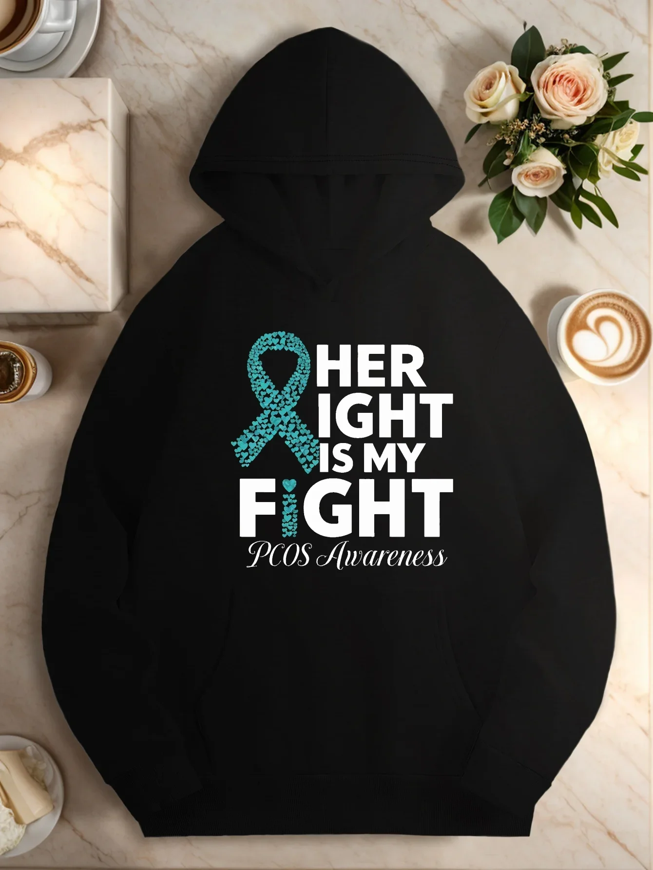 

Женская толстовка с капюшоном PCOS Awareness — черная, синяя и зеленая лента с надписью «Эй бой – это моя борьба», повседневная толстовка с капюшоном