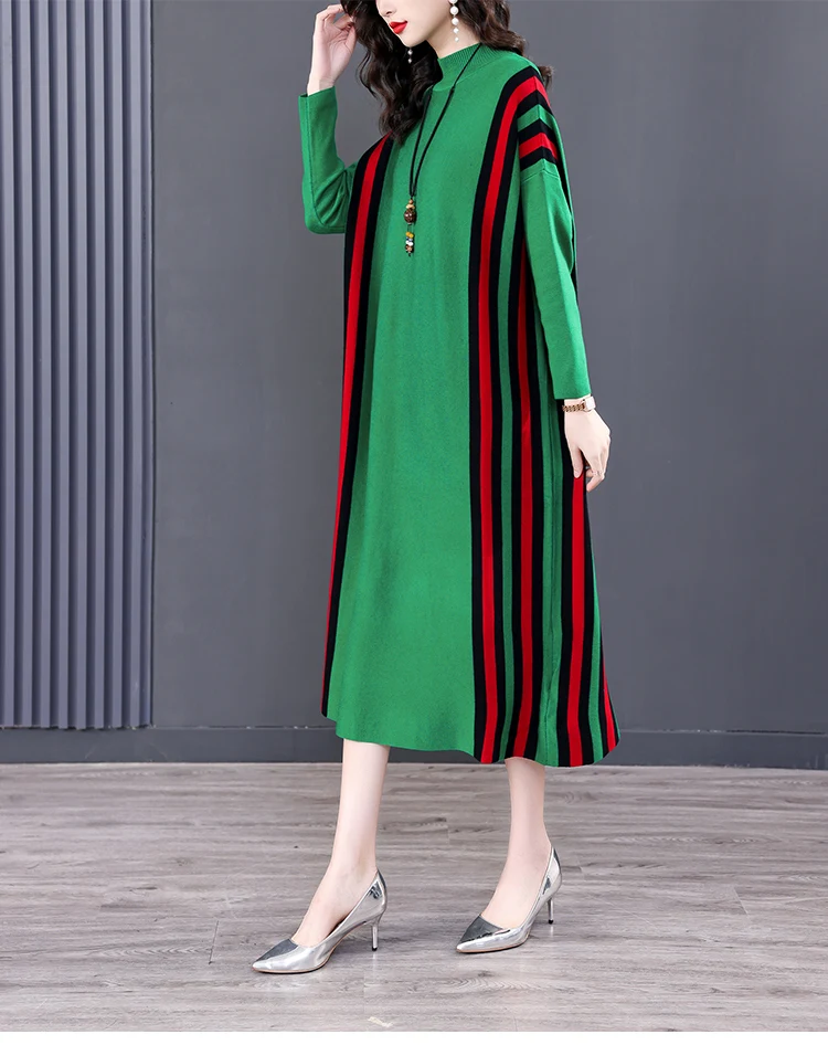 Winter Green Casual Knitted Sweater&Jumpers Autumn Elegant Vintage O-Neck Pullovers Women Bodycon Wool Sweater Midi Dresses