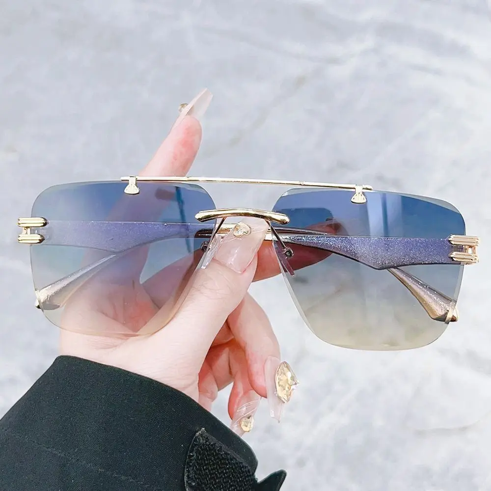 

Fashion Oversized Double Bridge Sunglasses Rimless Trendy UV Protection Sun Glasses Metallic Eyewear for Women & Men