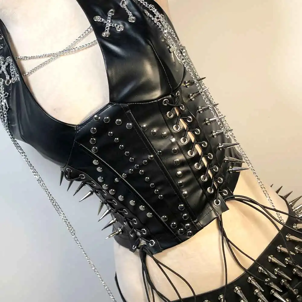Goth Tops Grunge Rave Punk Rock Clothes Y2K T-shirt PU leather Black Spike Studded Gothic Tank Festival Emo Clothing