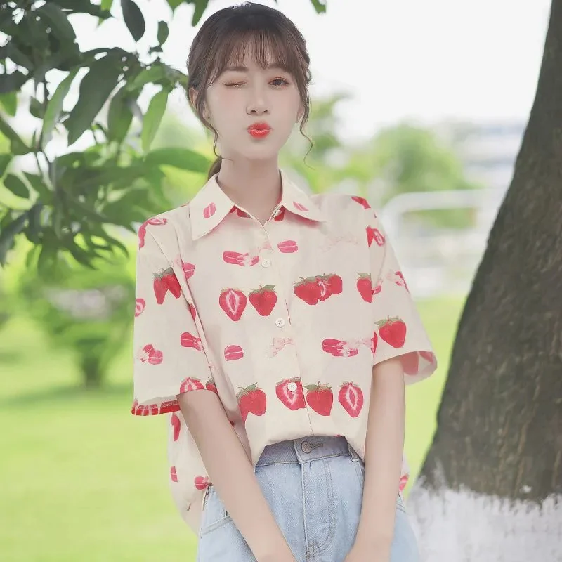 Summer Sweet Girl Pink Strawberry Full Print Blouse Graphic Button Up Shirt Kawaii Clothes Japan Korean Fashion Short Sleeve Top