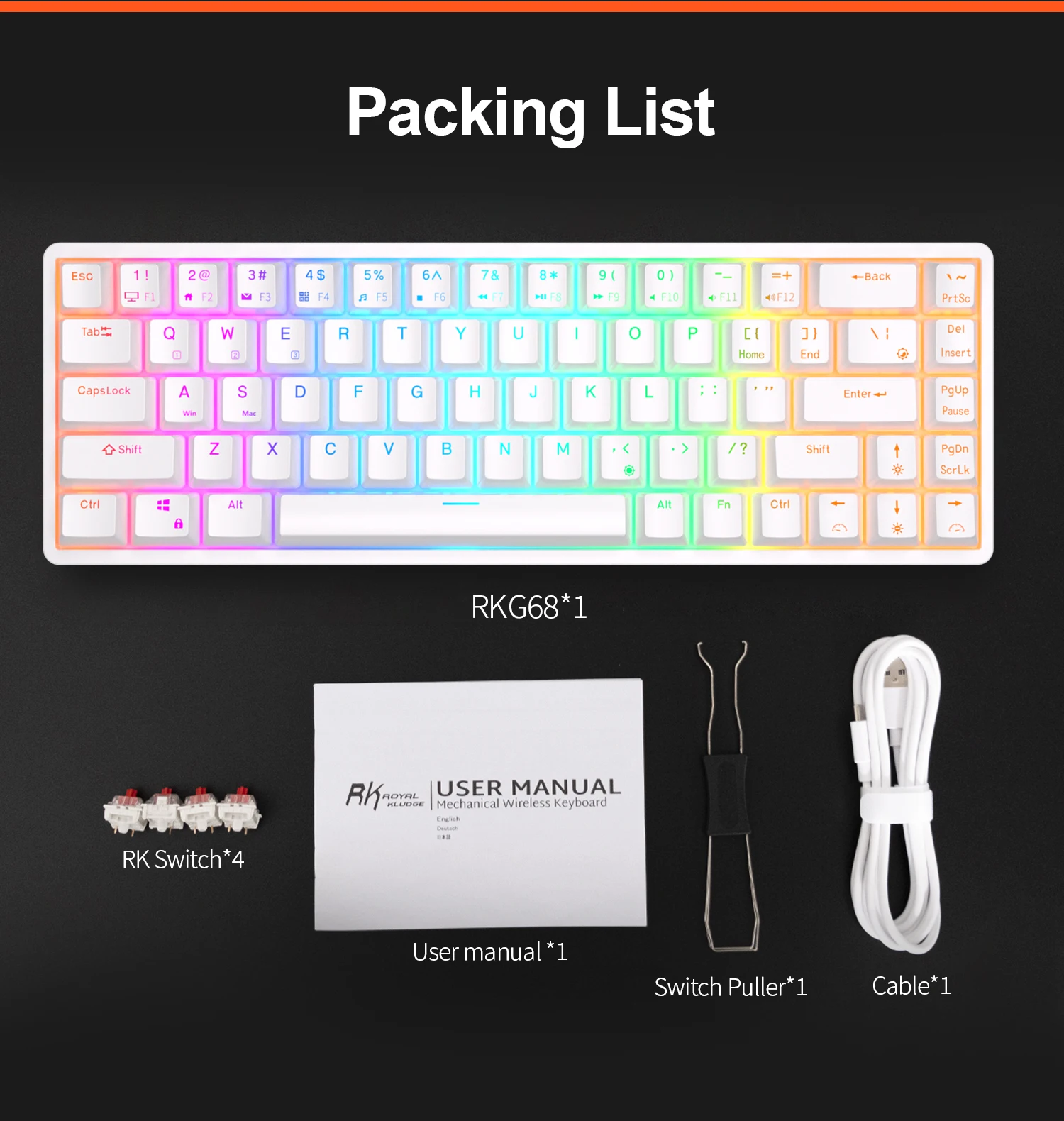 RK ROYAL KLUDGE RKG68 2.4G Wireless Bluetooth 65% Mechanical Keyboard RGB Backlit 68 Keys Hot Swappable Tri-mode Gaming Keyboard